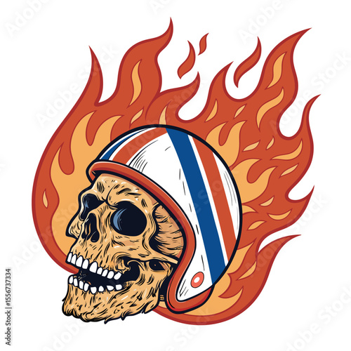 Fried chicken skull engulfed in flames, vintage racing backdrop. Intense, surreal, and high detail.
