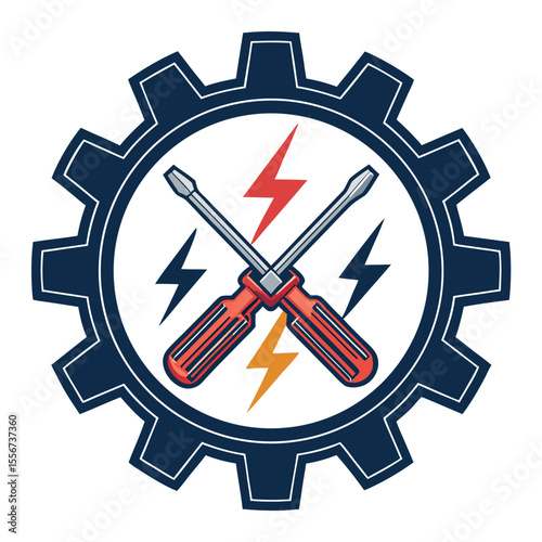Steampunk gear with lightning bolts and crossed screwdrivers, technical repair logo.