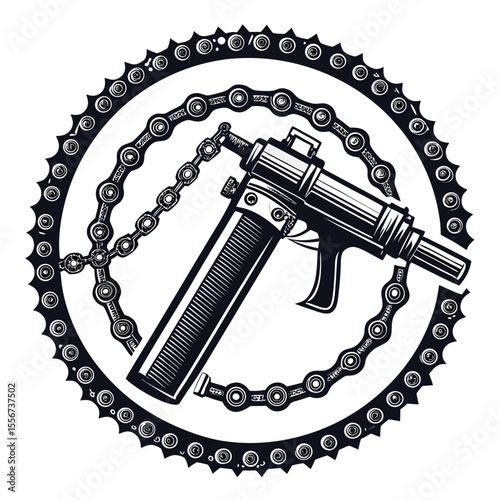 Grease gun, chain border, cog border, white background, isolated. Industrial lubrication tool graphic.