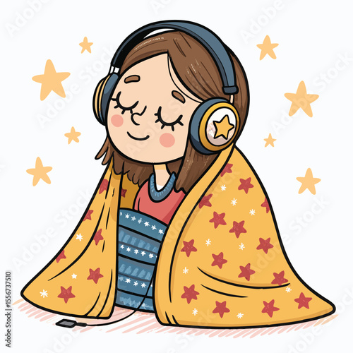 Nostalgic girl, starry eyes, headphones, listening to music, reflective, dreamy, vintage, analog, soft light.
