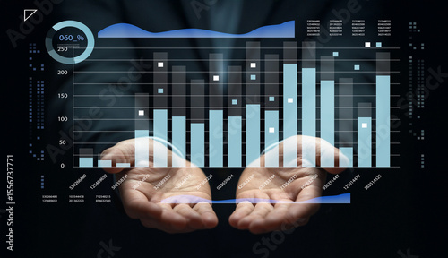 Data analytics in business growth with digital charts visualization, hands showing bar graphs and numerical statistics in modern analytics environment