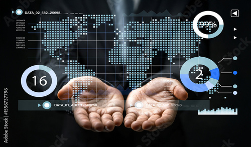 Businessman Presenting Digital Interface with Global Data Visualization and Analytics for Technological Innovation, Communication, and Connectivity