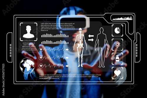 Futuristic Person Using Virtual Reality Headset with Health Monitoring Graphics and Interactive Medical Data Displays in a Dark Environment