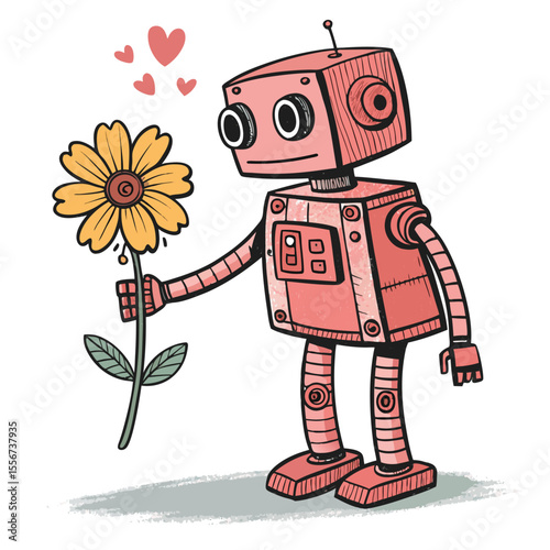 A pastel-colored robot gently offering a delicate flower, isolated against a white background.