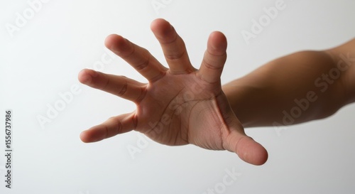 Outstretched hand reaching toward the camera, fingers extended, captured from a front angle with depth of field. 