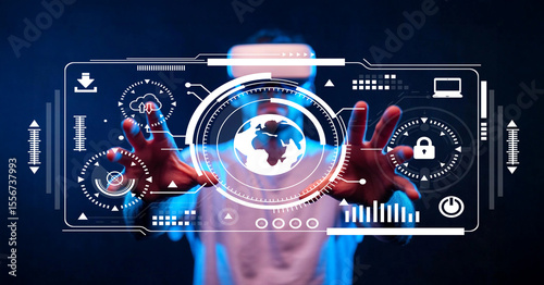 Futuristic young person wearing virtual reality headset interacting with holographic digital interface displaying global network and security features