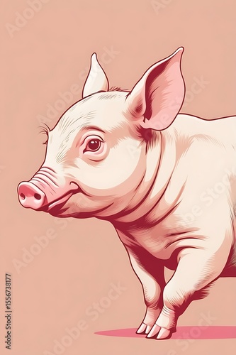 Minimal piglet in profile, pale pink and sand tones, clean barnyard vector background