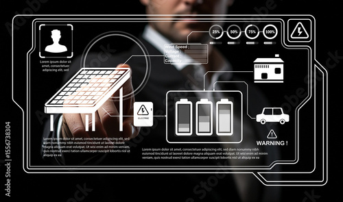Businessman Interacting with Futuristic Solar Technology Interface Displaying Data Analytics for Renewable Energy Management Solutions