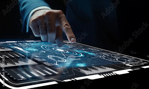 Touchscreen Technology with Data Visualization and Charts for Business Analysis and Presentations in a Futuristic Digital Interface