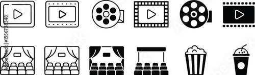 Icons representing movie theater elements in black and white style