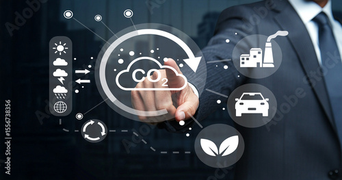 Businessman Interacting with Digital Carbon Emission Reduction Interface against Urban Background with Various Eco-Friendly Iconography