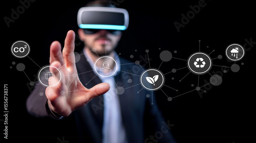 Professional with Virtual Reality Headset Engaging in Environmental Sustainability Concepts via Augmented Interface Icons