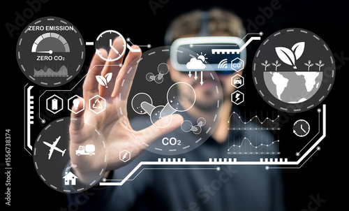 Futuristic Virtual Reality Interface Showcasing Environmental Data and Green Technology Concepts for Innovative Solutions in Sustainable Development