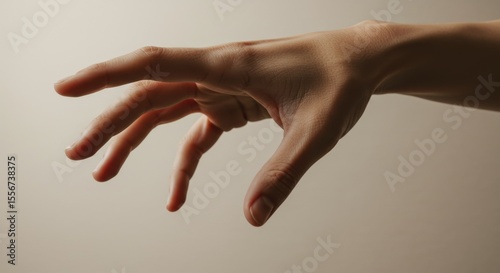 Hand in the act of letting go, fingers naturally extended downwards as if releasing something.