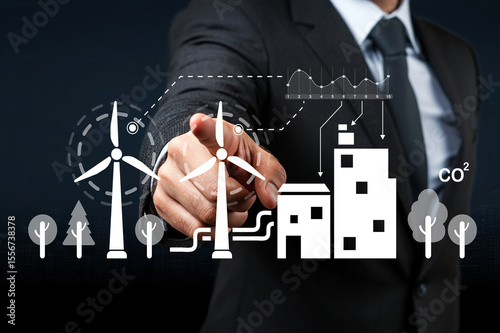 Businessman Interacting with Renewable Energy Concepts for Sustainable Development and Environmental Protection in a Modern Office Setting