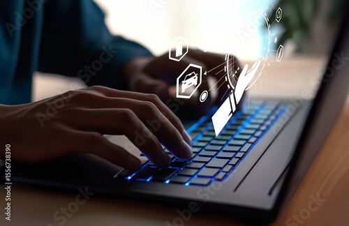 Hands Typing on Laptop with Digital Icons Representing Technology and Connectivity in a Modern Workspace Environment