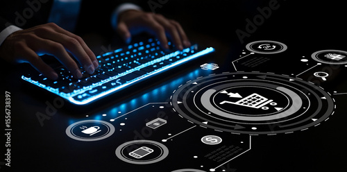 Hands typing on a glowing keyboard above digital icons representing technology, e-commerce, and online shopping in a modern dark environment