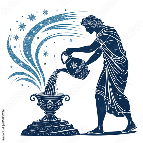 Aquarius water bearer pouring cosmic waves from an ancient amphora, ethereal light, dreamy celestial scene.