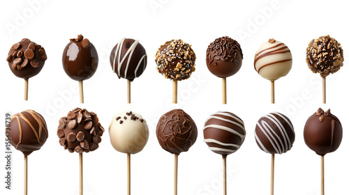 Assorted Gourmet Chocolate Cake Pops on Sticks in Various Decorated Styles for Delicious Treats