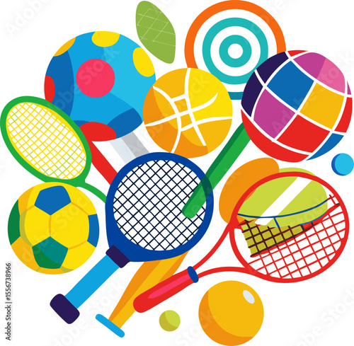 Colourful vector of multi-coloured sports equipment (balls, rackets) on white with white background.