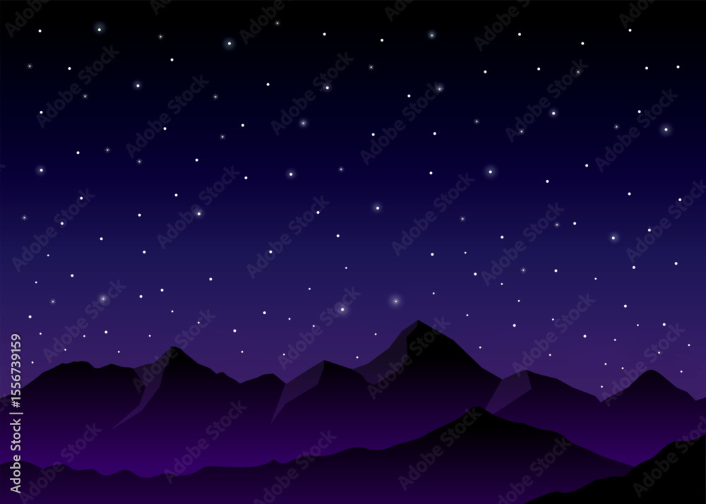Obraz premium Beautiful night landscape with stars and silhouette mountain. vector illustration
