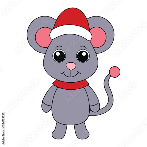 A cute Christmas mouse wearing a red Santa hat, holding a candy cane, and sitting beside a gift box, spreading holiday cheer with twinkling eyes and a warm smile.
