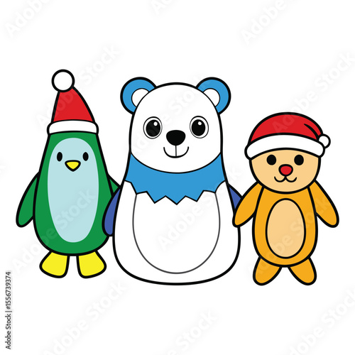Cute polar bear in a Santa hat with two penguins in scarves and hats, standing on snow with Christmas gifts and twinkling lights, spreading festive cheer.
