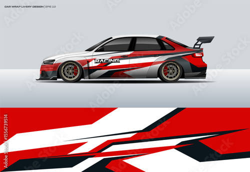 race car on red livery vector. abstract stripe racing background kit for vehicle vinyl wrap and automotive decal livery