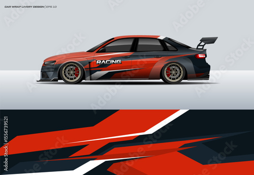race car on orange livery vector. abstract stripe racing background kit for vehicle vinyl wrap and automotive decal livery