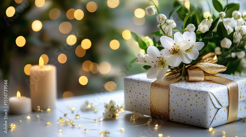 Beautifully wrapped gift adorned with white flowers and golden ribbon, surrounded by soft candlelight and bokeh lights, creates warm and inviting