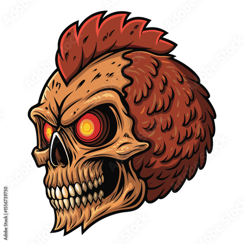 Heavy metal fried chicken skull with glowing eyes, detailed feathers and batter, dark background, extreme detail.