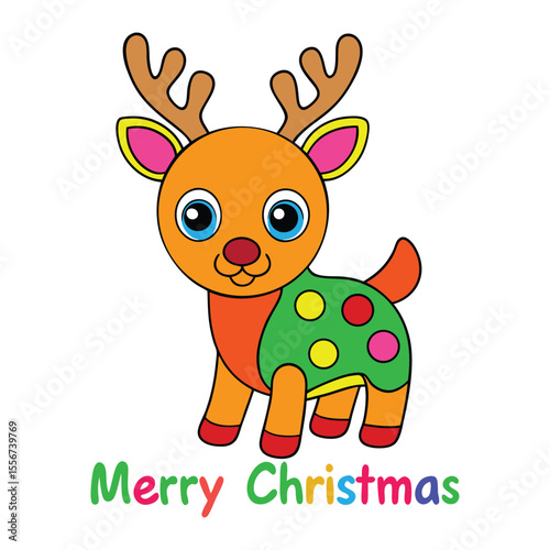 Cheerful Merry Christmas greeting card with a cute jumping reindeer, red nose, and snowflakes, spreading festive joy and warmth for the holiday season.
