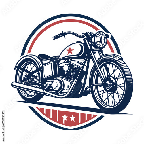 Vintage bobber motorcycle illustration within a circular emblem, single line art style. Detailed shading.