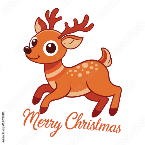 Cheerful Merry Christmas greeting card with a cute jumping reindeer, red nose, and snowflakes, spreading festive joy and warmth for the holiday season.
