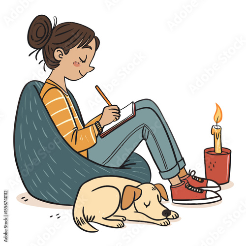 Solitary girl journals softly lit by candlelight near her cat, warm cozy serene ambiance in a bedroom.