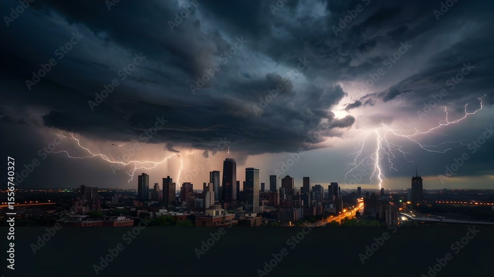 Fototapeta premium Dramatic Lightning Storm over City Skyline at Night, Highlighting Power, Weather, and Urban Landscape
