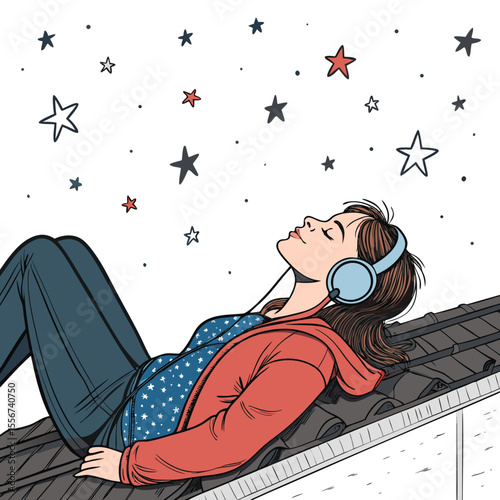 Relaxed girl in headphones lays on u-shaped rooftop, sunbathing, serene, peaceful, enjoying music.