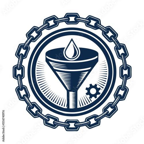 Vector emblem oil funnel intersecting gear and chain. Industrial, isolated on white. Technical drawing style.