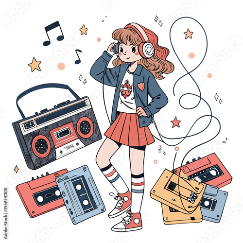 Retro anime girl, cassette tapes floating around, vibrant colors, 80s aesthetics, dreamy, melancholic.