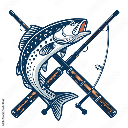 Embroidered patch. Crossed fishing rods silhouette, old school style. Banner with text above. Round design.
