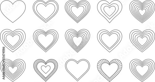 Fifteen heart shapes outline with varying layers and fill patterns