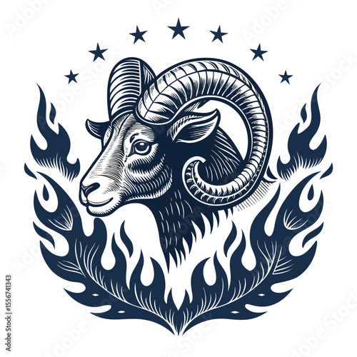 Aries ram, majestic, curled horns, vintage botanical illustrations, detailed, zodiac, stars, antique.