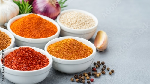 Colorful spices in small bowls with garlic, onion, and peppercorns on a gray surface.
