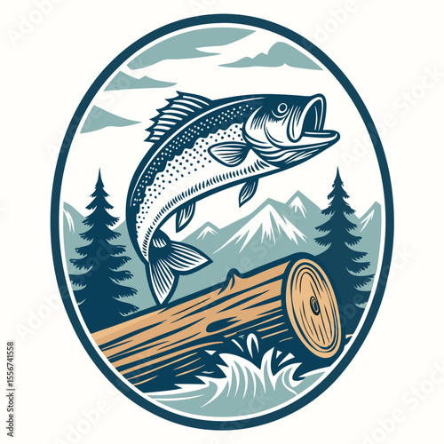 Retro oval badge jumping bass, log, vintage print, outdoors.