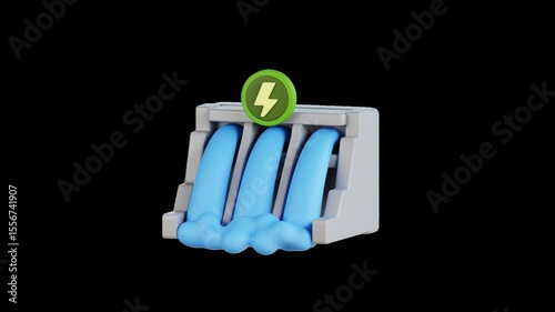 Video Animation 3d Hydroelectric dam harnessing power from flowing water, illustrating renewable energy, industrial infrastructure, technology, and environmental conservation concepts.