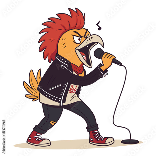 Cartoon fried chicken, punk rock, mohawk, yelling into microphone. Aggressive, vibrant, detailed.