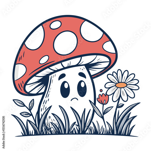 A tiny, shy mushroom character is timidly hiding behind a large, colorful flower illustration.