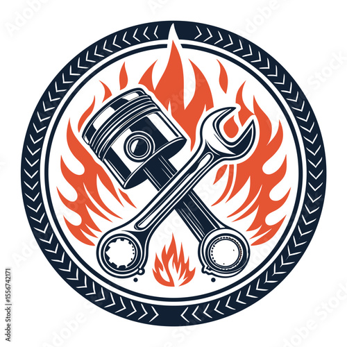Circular emblem piston, ratchet, flames. Mechanical design, automotive industry, power, engineering, fiery, metal.