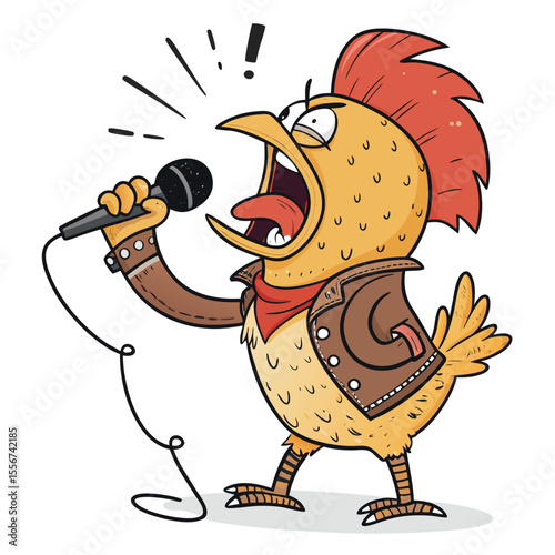Punk fried chicken cartoon yelling into microphone, angry, spiky hair, studs, concert, loud.