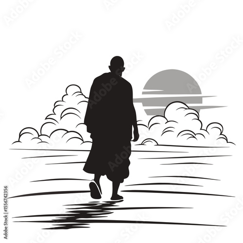 Silhouette monk walking, vibrant sunrise mist. Serene, peaceful, contemplative journey, spiritual.